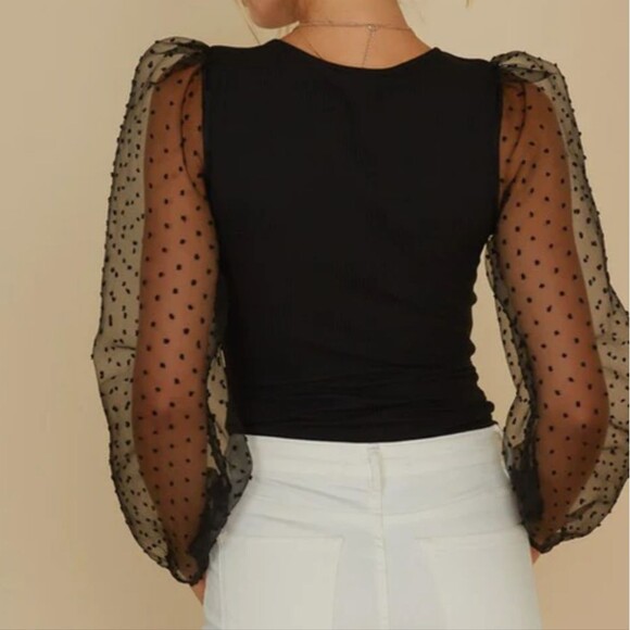 Evolutionary v-neck sparkle black bodysuit with sheer polka dot sleeves L - Picture 3 of 8